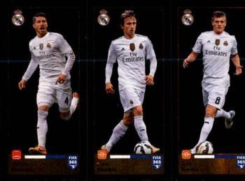 2015-16 Panini FIFA 365 The Golden World of Football Stickers #383 / 384 / 385 Sergio Ramos / Luka Modric / Toni Kroos Front