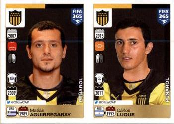 2015-16 Panini FIFA 365 The Golden World of Football Stickers #828 / 829 Matías Aguirregaray / Carlos Luque Front