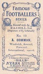 1912 R&J Hill Famous Footballers #13. Alf Common Back