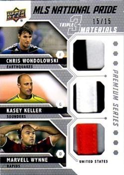 2011 Upper Deck MLS - MLS National Pride Triple Materials Premium Series #NPM-WWK Marvell Wynne / Kasey Keller / Chris Wondolowski Front