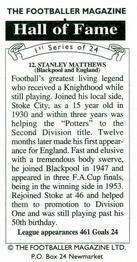 1994 The Footballer Magazine Hall of Fame #12 Stanley Matthews Back