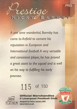 2001 Futera Platinum Prestige Liverpool #PRE5 Nick Barmby Back
