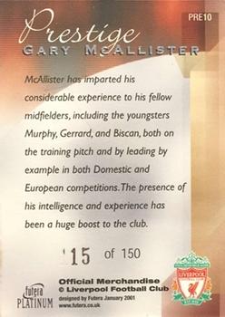 2001 Futera Platinum Prestige Liverpool #PRE10 Gary McAllister Back