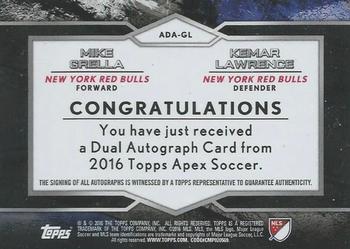 2016 Topps Apex MLS - Dual Autographs Red #ADA-GL Mike Grella / Kemar Lawrence Back