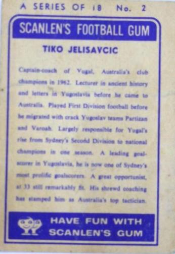1963 Scanlen's #2 Tiko Jelisavcic Back