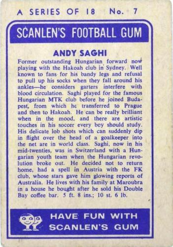 1963 Scanlen's #7 Andrew Saghi Back