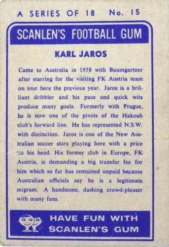 1963 Scanlen's #15 Karl Jaros Back