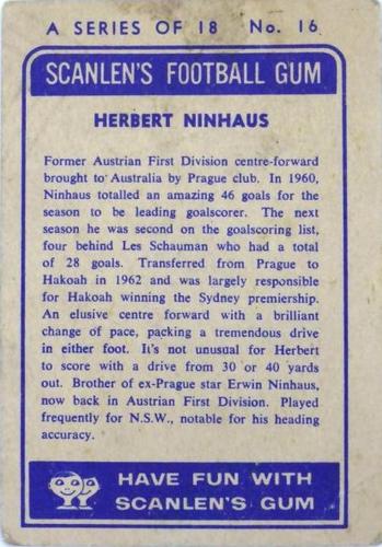 1963 Scanlen's #16 Herbert Ninaus Back