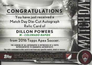 2016 Topps Apex MLS - Match Day Die Cut Autograph Relics Orange #MDAR-DP Dillon Powers Back
