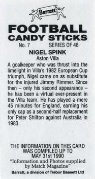 1990-91 Barratt Football Candy Sticks #7 Nigel Spink Back