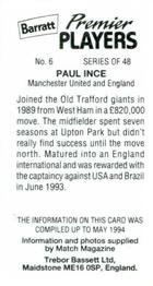 1994 Barratt Premier Players #6 Paul Ince Back