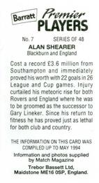1994 Barratt Premier Players #7 Alan Shearer Back