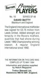 1994 Barratt Premier Players #10 David Batty Back