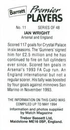 1994 Barratt Premier Players #11 Ian Wright Back