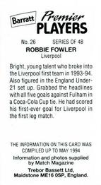 1994 Barratt Premier Players #26 Robbie Fowler Back