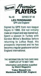 1994 Barratt Premier Players #48 Les Ferdinand Back
