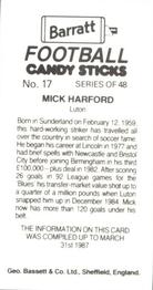 1987 Barratt Football Candy Sticks #17 Mick Harford Back