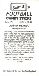 1987 Barratt Football Candy Sticks #26 John Metgod Back