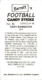 1987 Barratt Football Candy Sticks #30 Gary Bannister Back
