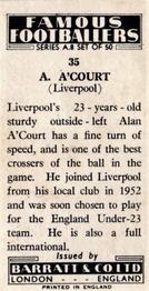 1960 Barratt & Co. Famous Footballers (A8) #35 Alan A'Court Back