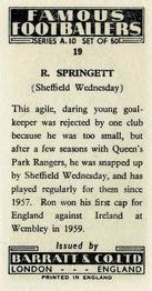 1962 Barratt & Co. Famous Footballers (A10) #19 Ron Springett Back