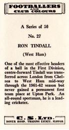 1963 Comet Sweets Footballers and Club Colours #27 Ron Tindall Back