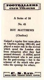 1963 Comet Sweets Footballers and Club Colours #45 Roy Matthews Back