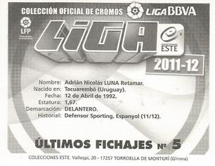 2011-12 Panini Este Spanish LaLiga Stickers - Ultimos Fichajes #5 Adrian Luna Back