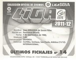 2011-12 Panini Este Spanish LaLiga Stickers - Ultimos Fichajes #14 Joao Miranda Back