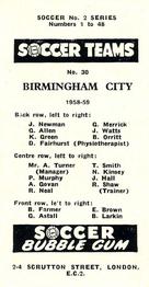 1958-59 Soccer Bubble Gum Soccer Teams #30 Birmingham City Back