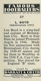 1956 Barratt & Co. Famous Footballers (A4) #27 Len Boyd Back