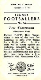 1955 Chix Confectionery Famous Footballers #36 Bert Trautmann Back