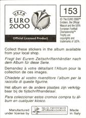 2000 Panini UEFA Euro Belgium-Netherlands Stickers #153 Tugay Kerimoglu Back