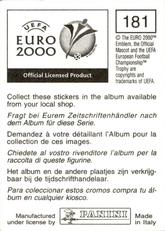 2000 Panini UEFA Euro Belgium-Netherlands Stickers #181 Francesco Totti Back