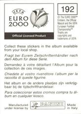 2000 Panini UEFA Euro Belgium-Netherlands Stickers #192 Juan Velasco Back