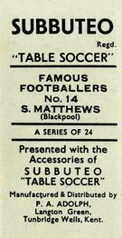 1954 P.A. Adolph (Subbutteo) Famous Footballers #14 Stanley Matthews Back