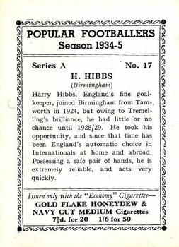 1935 R & J Hill Popular Footballers #17 Harry Hibbs Back