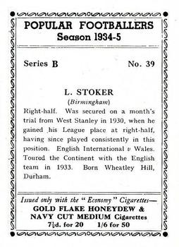 1935 R & J Hill Popular Footballers #39 Lewis Stoker Back