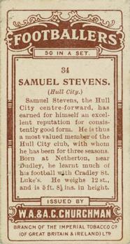 1914 Churchman's Footballers (Brown back) #34 Sammy Stevens Back