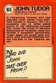 1972 A&BC Red Backs #65 John Tudor Back