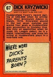 1972 A&BC Red Backs #67 Dick Krzywicki Back