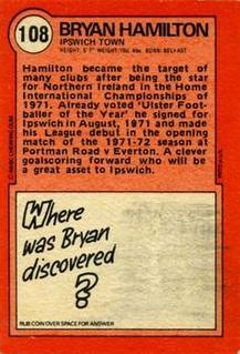 1972 A&BC Red Backs #108 Bryan Hamilton Back