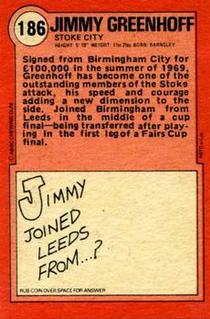 1972 A&BC Red Backs #186 Jimmy Greenhoff Back