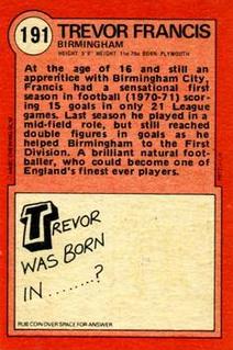 1972 A&BC Red Backs #191 Trevor Francis Back