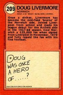 1972 A&BC Red Backs #209 Doug Livermore Back