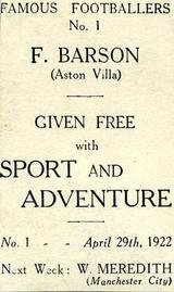 1922 Sport and Adventure Famous Footballers #1 Frank Barson Back