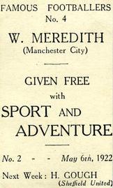 1922 Sport and Adventure Famous Footballers #4 Billy Meredith Back