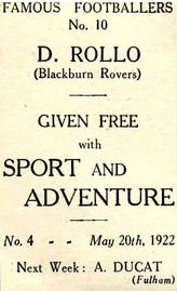 1922 Sport and Adventure Famous Footballers #10 David Rollo Back