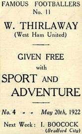 1922 Sport and Adventure Famous Footballers #11 Billy Thirlaway Back