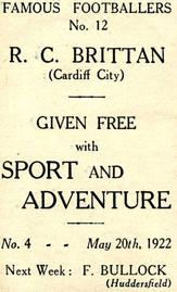 1922 Sport and Adventure Famous Footballers #12 Charlie Brittain Back